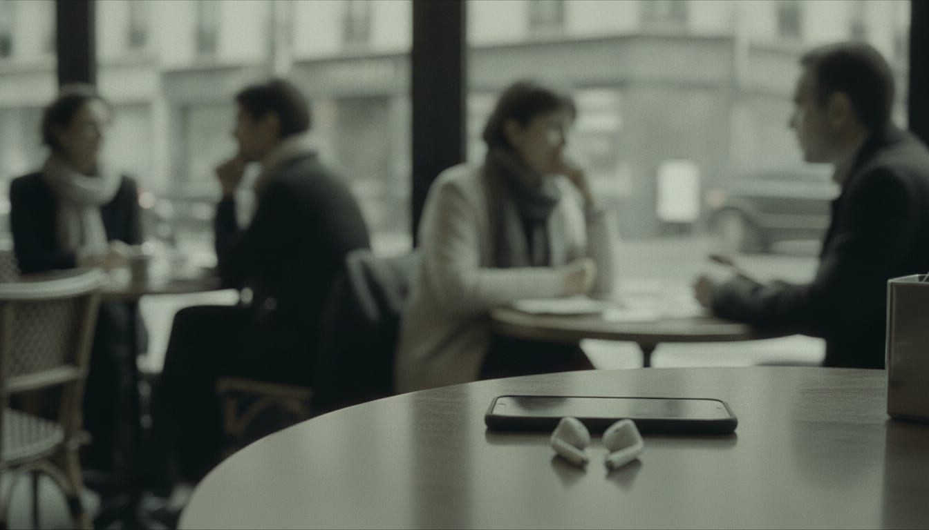 Écouteurs posés à côté d’un téléphone sur un comptoir, lumière douce du jour