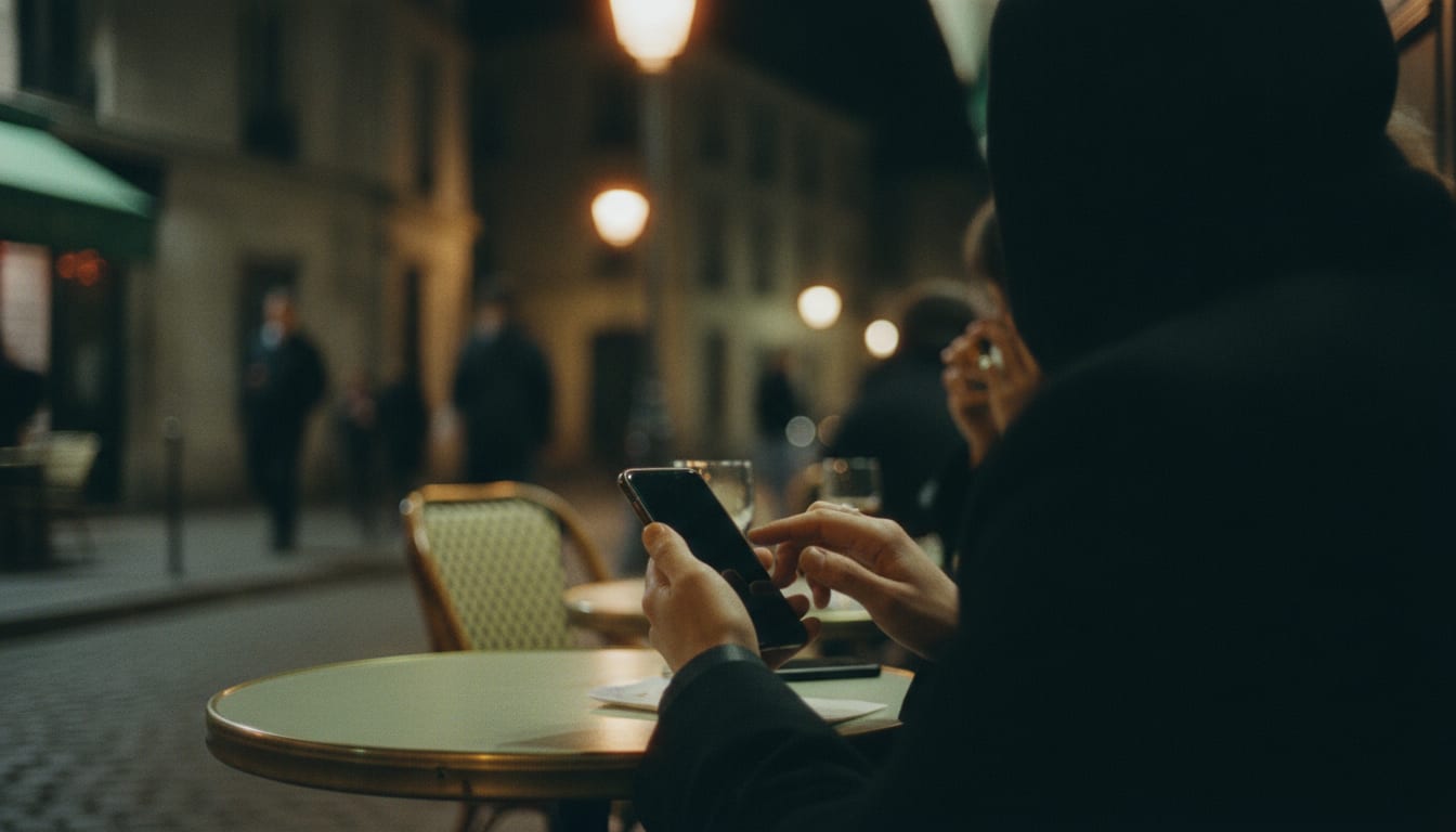 Mains tapant sur un téléphone la nuit, écran vide, lumière chaude d’un lampadaire derrière