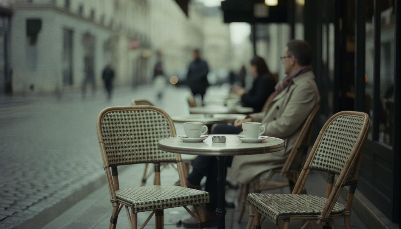 Deux tasses sur une table de bistrot avec deux chaises vides, une personne floue assise au fond
